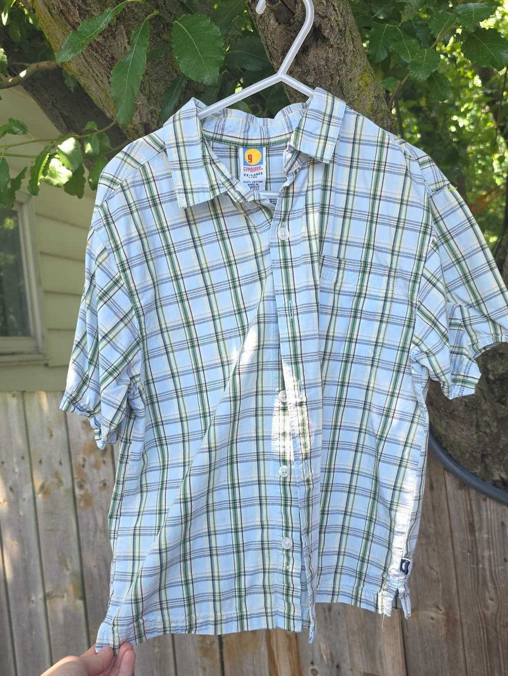 Vintage Gymboree Blue & Green Plaid Short Sleeve Button-Down Shirt Small Stains